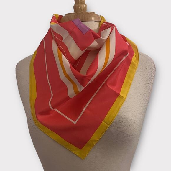 Retro Vintage Mod Geometric Print Square Scarf Pink Yellow White Polyester - Picture 3 of 5